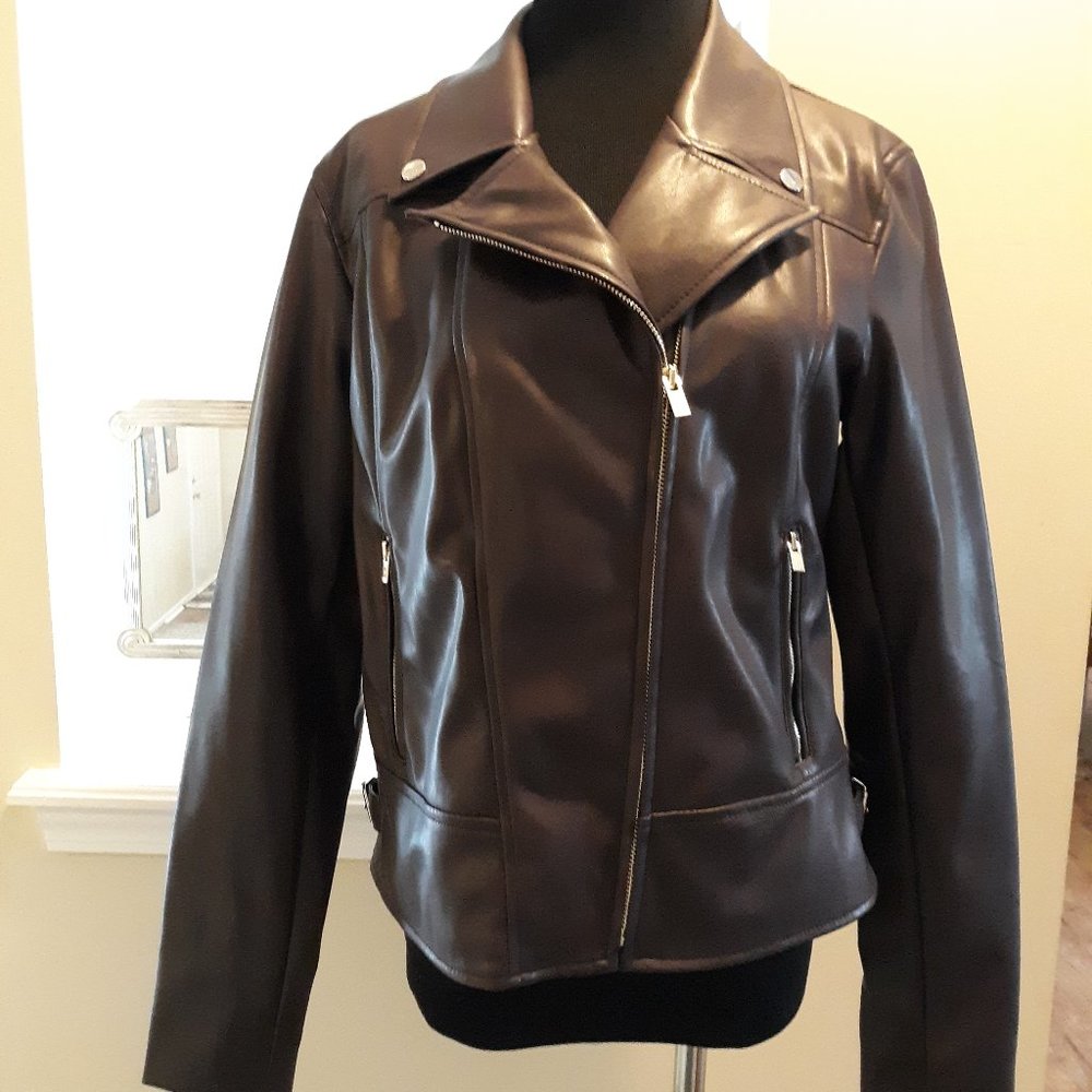 NWT Brown Faux Leather Moto Tommy Hilfiger Soft M - Picture 2 of 8